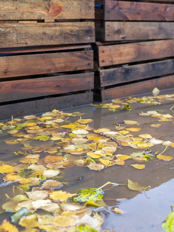 Old, wooden crates for fruits and vegetables stand in a pile outdoors, wet from the rain, in a muddy puddle, on an autumn day.